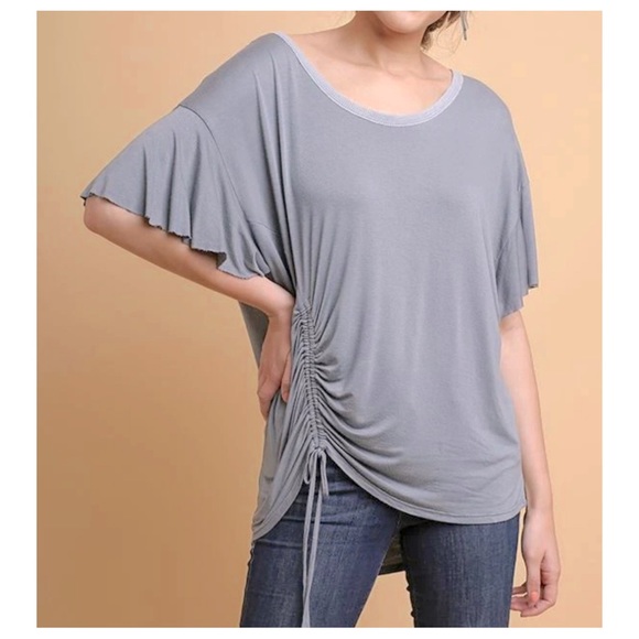 48 Basic Knit Ruffle Sleeve Scoop Neck Top with Cinched - Picture 1 of 4